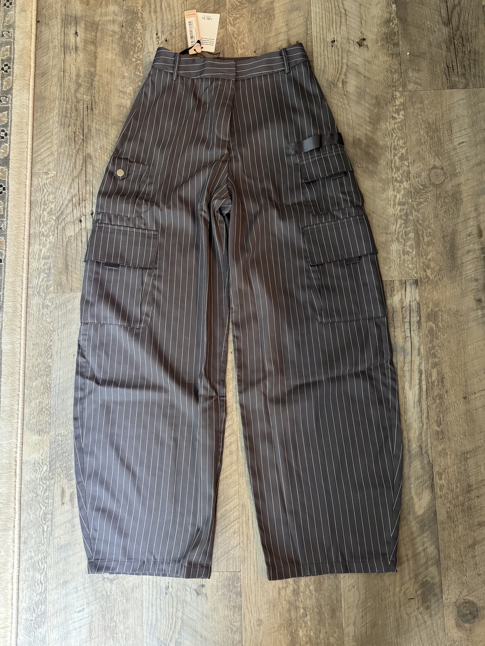 Utility pin striped wide leg pants